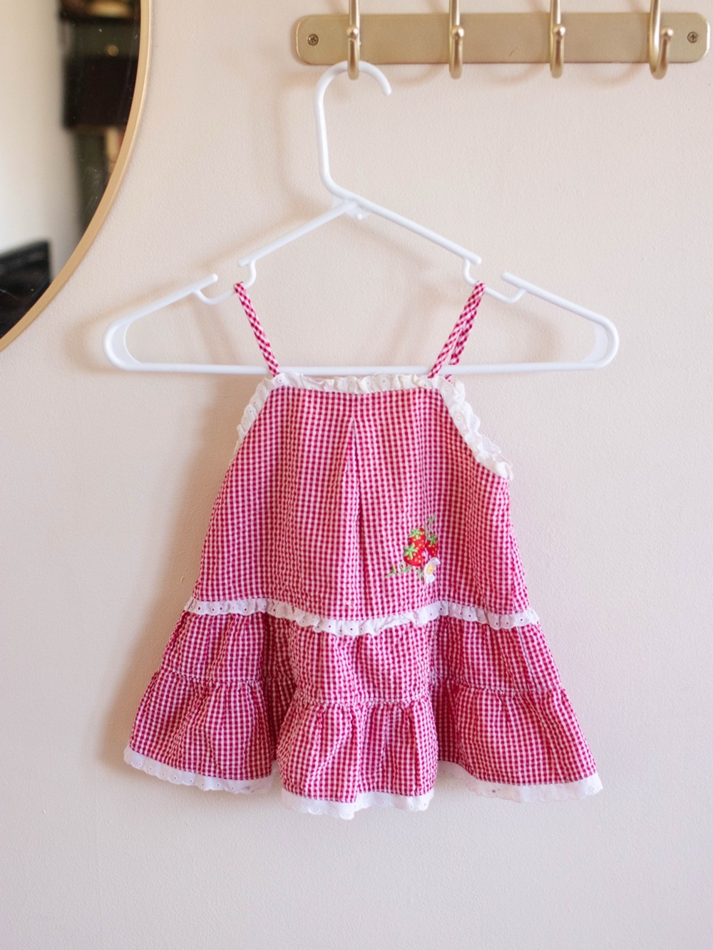 Vintage Red Gingham Tiered Baby Sundress with Strawberry Appliqué
